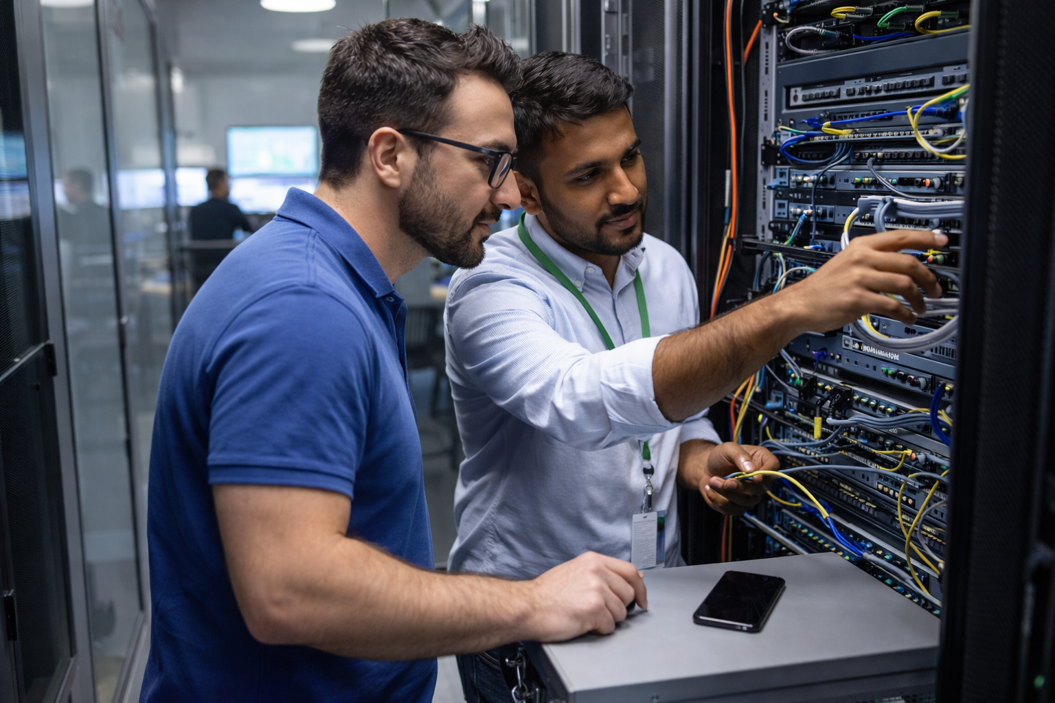 Profissionais de TI trabalhando juntos em rack de servidores